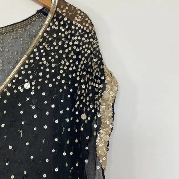 Vintage Shag Black Cream Sequin Embellished Blouse Top - Picture 5 of 16